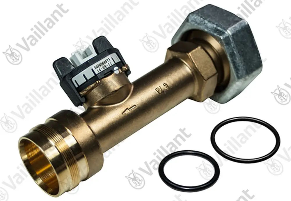 Vaillant Fühler mit metallischem Anschluss und Kunststoffkomponenten, umgeben von zwei schwarzen Dichtungsringen.